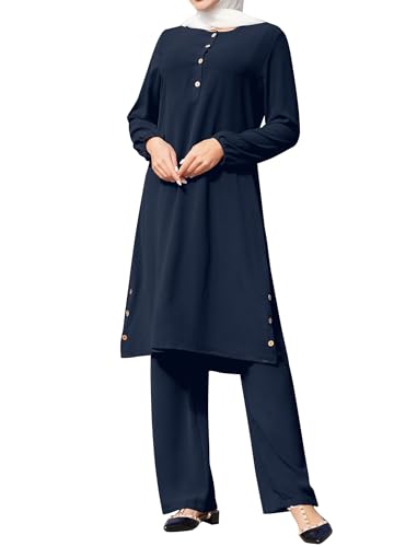 2 Piece Abaya for Women Muslim Long Sleeve Loose Top Pants Set Casual Eid Ramadan Outfits Dubai Islamic Muslim Clothes - color: Dark Blue, size: Small