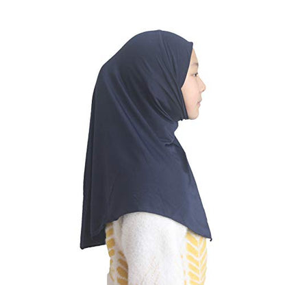 Girls Hijab Muslim Scarf for Kids – Ready to Wear, Solid Color, Soft & Breathable Daily Headwear for Ages 6-11 - color: Navy Blue