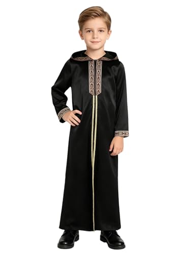 Kids Boys Thobe Muslim Prayer Clothes Saudi Dubai Robe Kaftan Zipper Dishdasha Islamic Eid Ramadan Outfits - color: Black, size: 16