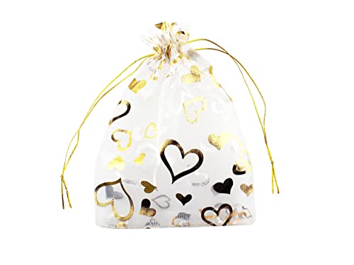 100 Pack 5 x 7 Inch Organza Jewelry Gift Pouch B381, White Gold Heart - color: white gold heart