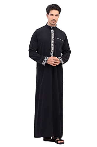 Men’s Modern Arabic Thobe – Pure Color Long Sleeve Kaftan Robe, Perfect for Eid or Weddings - color: Black, size: 64