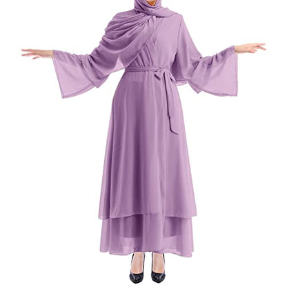 IWEMEK Women Chiffon Muslim Dress Middle East Arabian Robe Islamic Open Front Abaya Long Sleeve Flowy Maxi Cardigan Dress - color: Purple, size: Large