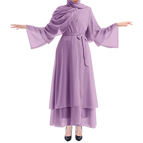 IWEMEK Women Chiffon Muslim Dress Middle East Arabian Robe Islamic Open Front Abaya Long Sleeve Flowy Maxi Cardigan Dress - color: Purple, size: Medium