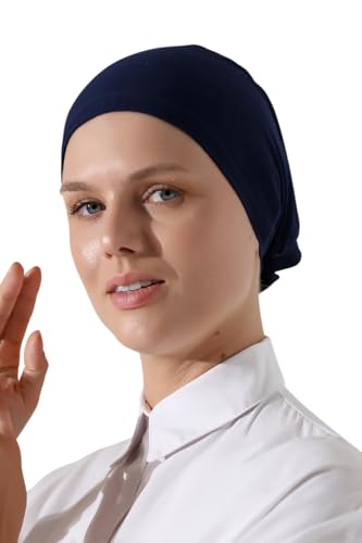 ihvan online Hijab Cap, Beanie Under Cap Scarf, Head Wraps for Women, Muslim Hijab Undercap with Tie-Back Closure - color: Navy Blue