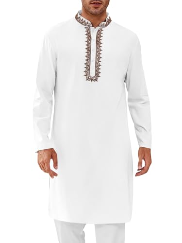 Runcati Mens Kaftan Thobe Cotton Henley Shirt Long Sleeve Embroidery Robe Casual Kurta Muslim Gown Shirt - color: White, size: XX-Large