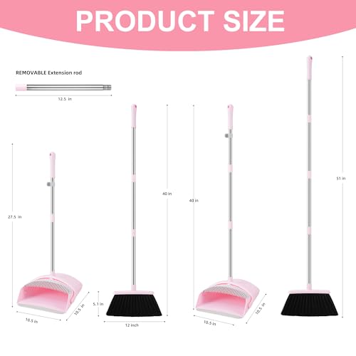 BSKLIN Broom and Dustpan Set for Home, 52” Long Handle Broom with Dustpan Combo Set with Dust Pan Teeth to Clean Hair Sweeping Set for Kitchen Hardwood Floors Pet Hair (Pink) - size: pink
