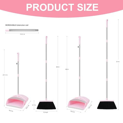 BSKLIN Broom and Dustpan Set for Home, 52” Long Handle Broom with Dustpan Combo Set with Dust Pan Teeth to Clean Hair Sweeping Set for Kitchen Hardwood Floors Pet Hair (Pink) - size: pink