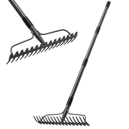 Bow Rake, Detachable Heavy Duty Metal Garden Rake for Loosening Soil, Leveling Lawn, Leaves Cleaning,63 Inch Long Handle Yard Rock Rake for Gardening,17 Prongs Leaf RakeThatch Rake for Lawn