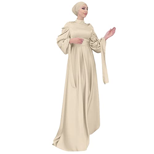 OBEEII Muslim Dress for Women Loose Full Cover Long Abaya Satin Dress Kaftan Abayas Islamic Robe S-XXL - color: Beige+hijab, size: Small