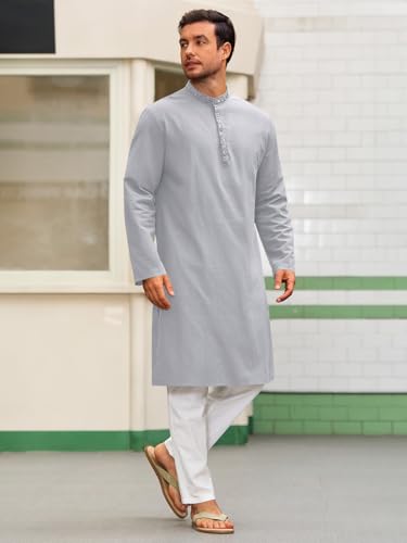 Runcati Mens Cotton Kaftan Robe Long Sleeve Button Down Henley Shirts Thobe Casual Side Split Gown Shirt - color: Gray, size: X-Large