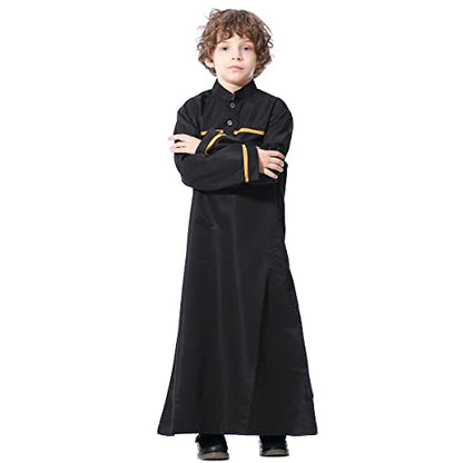 Boy's Muslim Arab Islamic Kaftan Embroidered Robe Solid Color Thobe Islamic Arabic Abaya Ethnic Dress With Pockets - color: Black Stripe, size: 7-8 Years