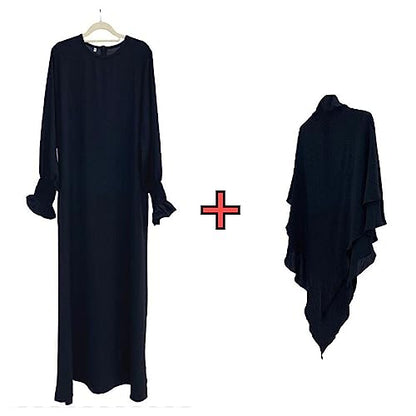 Women Prayer Dress Muslim Ramadan Garment Abaya Dubai Islam Jilbeb 2 Piece Set Layered Khimar Scarf Hijab and Long Dress - color: Black, size: Small