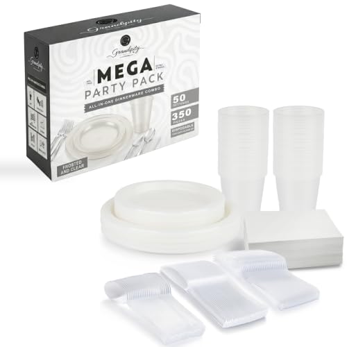Grandipity Disposable Plastic Dinnerware Sets for Parties (350 pcs) - color: Frost & Clear, size: 50 Guests (350 PCS)