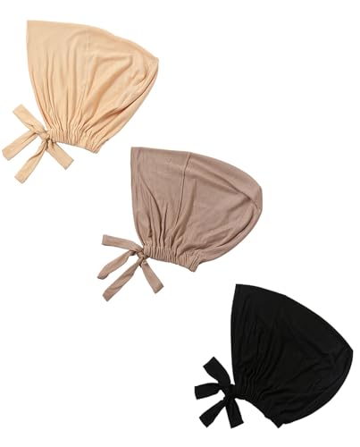 3PCS Under Hijab Head Cap Muslim Under Scarf Hijab Solid Color Women Under Scarf Hat Stretchy Sleeping Cap - color: Black,khaki,beige