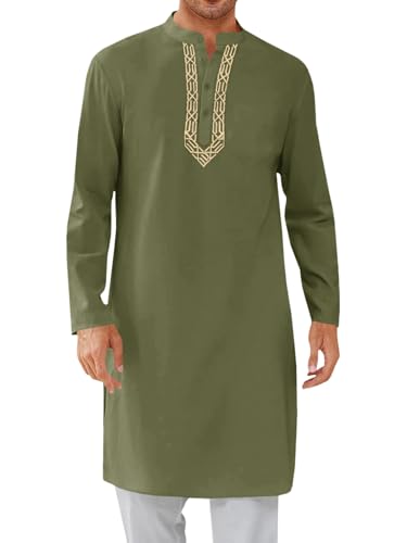 Runcati Mens Kaftan Thobe Button Down Casual Henley Shirts Long Sleeve Robe Cotton Linen Muslim Gown Shirt - color: Army Green, size: XX-Large