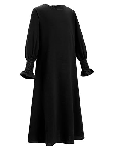 OBEEII Abaya for Girls Muslim Long Sleeve Prayer Dress Ramadan Kaftan Abaya with Hijab Islamic Clothing Arabic Eid Robe - color: Black, size: 11-12 Years