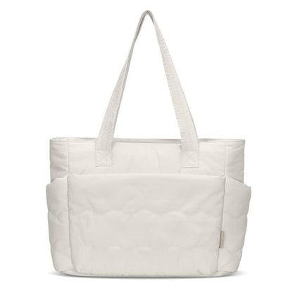 Hynes Eagle Tote Bag for Women Quilted Travel Bag Lightweight Puffer Tote Shoulder Handbag with Compartments Work/Gym/Teacher - color: Beige