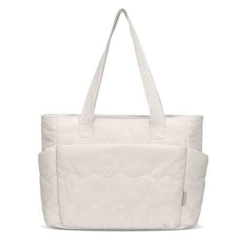 Hynes Eagle Tote Bag for Women Quilted Travel Bag Lightweight Puffer Tote Shoulder Handbag with Compartments Work/Gym/Teacher - color: Beige