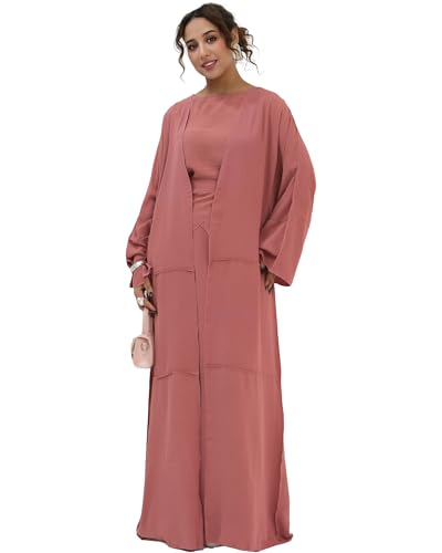 Abaya Muslim Prayer Dress Set Ramadan Open Front Islamic Clothing 3pcs Prayer Robe with Waist Apron Loose Flowy - color: Pink, size: Large