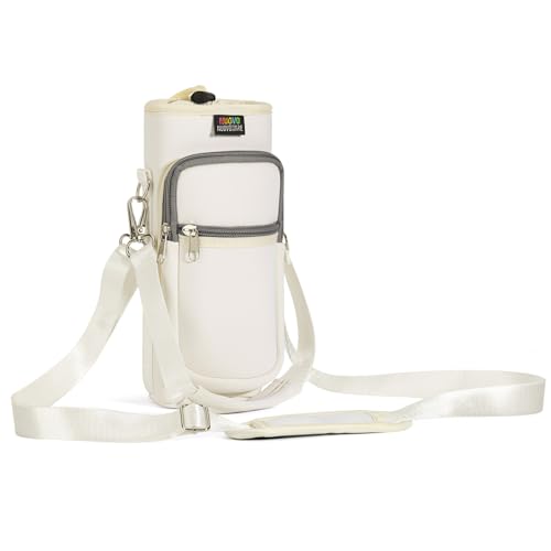 Nuovoware Water Bottle Carrier Bag, 25oz/32oz, CreamWhite | Adjustable Shoulder Hand Strap, 2 Pocket, Neoprene Sleeve, For Hiking Travelling Camping - color: CreamWhite, size: 25-32 Ounces - Standard