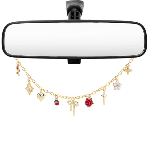 Rearview Mirror Charm for Car Aluminum Chain with Cute Alloy Enamel Flower Bow Heart Pendants Car Interior Pendant Decor Accessories for Women Rear View Mirror Home Window - style: Flower,Bow