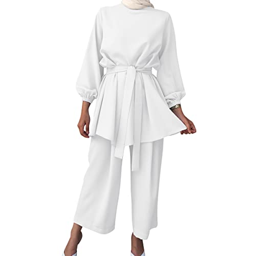 IWEMEK Abayas for Women Muslim Long Sleeve Loose Top Pants 2 Pcs Eid Ramadan Outfits Casual Islamic Muslim Clothes with Belt - color: White, size: Small