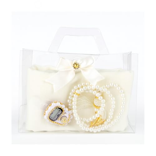 Premium Hijab Gift Set – 3-Piece Muslim Set with Chiffon Scarf, Prayer Beads (Tasbih) & Zikr Counter - color: White