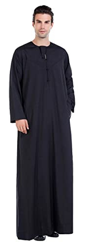 New Solid Color Robe Kaftan Muslim Clothes for Men, Thobe Long Gown Saudi Arabia Dubai Shirt - color: Black, size: 3X-Large