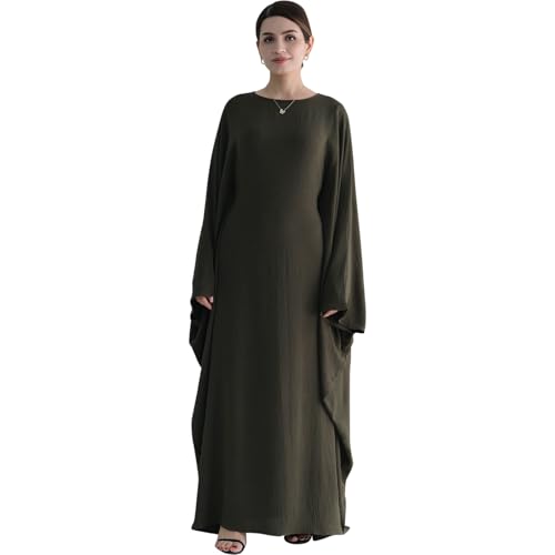 Women Muslim Abaya Dress 1Piece Bat Sleeve Islamic Maxi Robe Fashion Jilbab for Women Eid Kaftan Muslim Robe - color: Army Greena, size: Medium