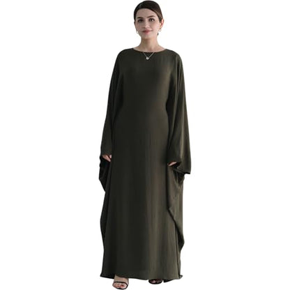 Women Muslim Abaya Dress 1Piece Bat Sleeve Islamic Maxi Robe Fashion Jilbab for Women Eid Kaftan Muslim Robe - color: Army Greena, size: Large