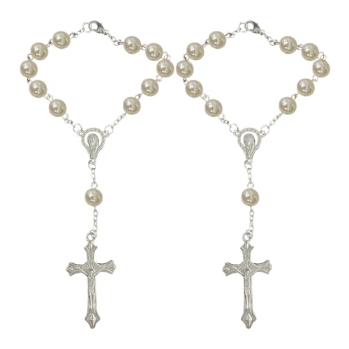 smilfuy 2PCS Car Rosary for Rearview Mirror, White Rosary Pendant Car Interior Rear View Mirror Charm Auto Decors, Car Medal and Cross Personalized Hanging Accessories for Women Men (White) - color: White
