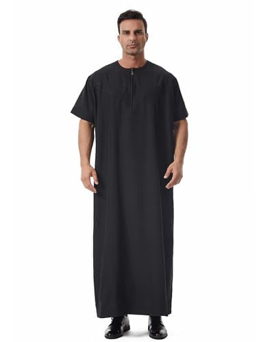 Muslim Men Abaya Short Sleeve Kaftan Islamic Arab Robe Men Dishdasha Zipper Robe Ethnic Clothes Dubai Travel Thobe - color: Black, size: Large