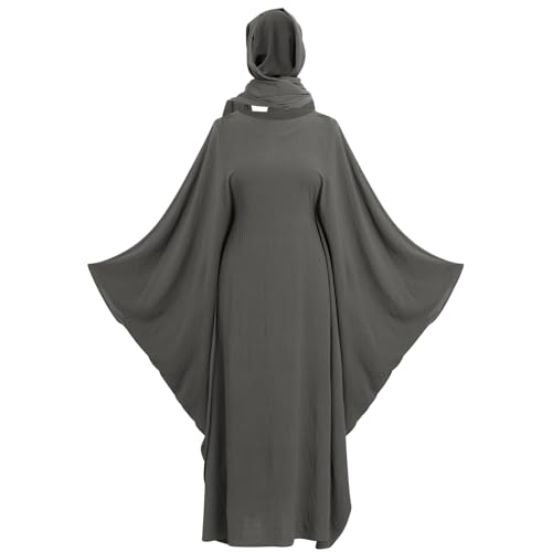 ODIZLI Abayas For Women Muslim Dubai Full Cover Kaftan Shirt Dress Batwing Sleeve Prayer Dress With Hijab - color: Dark Gray + Hijab, size: One Size