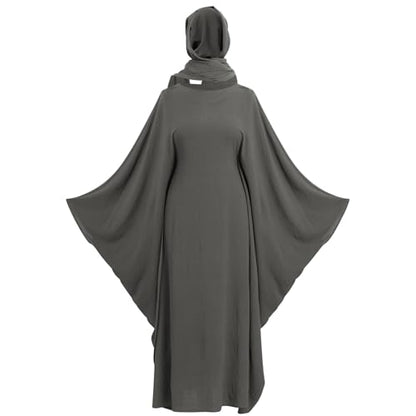 ODIZLI Abayas For Women Muslim Dubai Full Cover Kaftan Shirt Dress Batwing Sleeve Prayer Dress With Hijab - color: Dark Gray + Hijab, size: Two