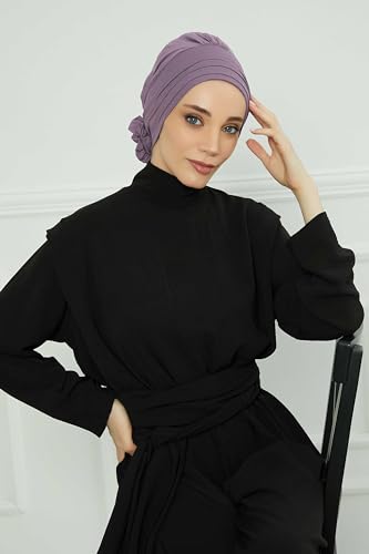 Aisha's Design Instant Turban Head Wraps for Women, Combed Cotton Scarf Lightweight Pre tied Hijab with Back Rose Detail - color: Lilac