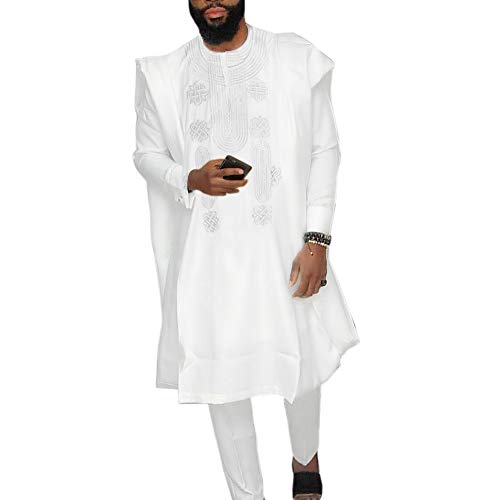 HD African Mens Apparel Agbada Clothing Embroidery Dashiki Shirts and Pants Outfits 3 Pieces - color: White, size: X-Large