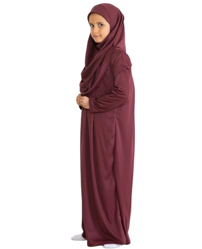 Prien Kids Prayer Dress Muslim Clothes for Girls Long Sleeve Abaya with Hijab Two Piece Maxi Islamic Set Scarf Kaftan Jilbab - color: Cherry