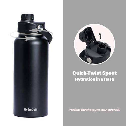 32 oz Insulated Water Bottle Matte Black Stainless Steel Flask | Keep Cold 24 Hours Hot 12 Hours - Leakproof Twist Spout Lid & Flex Handle - No Straw Metal Water Bottle for Gym & Sport - color: Obsidian Black