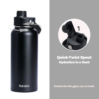 32 oz Insulated Water Bottle Matte Black Stainless Steel Flask | Keep Cold 24 Hours Hot 12 Hours - Leakproof Twist Spout Lid & Flex Handle - No Straw Metal Water Bottle for Gym & Sport - color: Obsidian Black