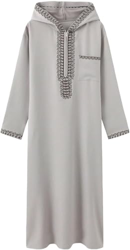 Men's Hooded Thobe - Traditional Embroidered Muslim Islamic Kaftan, Half-Zip Middle Eastern Arabic Robe - color: Beige, size: XX-Large