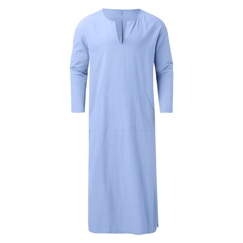 Mens Muslim Robes Solid Cotton Kaftan Thobe V Neck Casual Shirt Long Sleeve Islamic Caftans with Pocket - color: Light Blue, size: Medium