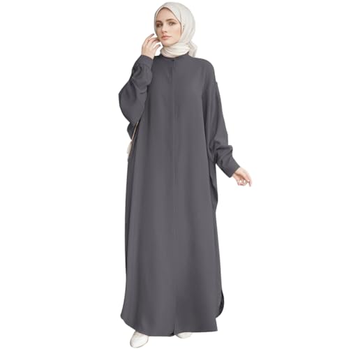 AWIBMK Women Abayas Dubai Kaftan Henley Shirt Prayer Maxi Dress Muslim Batwing Sleeve Ramadan Islamic Clothes - color: Dark Grey