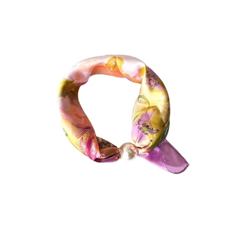 Women’s Silk Pearl magnetic buckle Scarf with Charm Buckle Satin Square Scarf for Neck Retro Floral Print，hair band - color: 01-116
