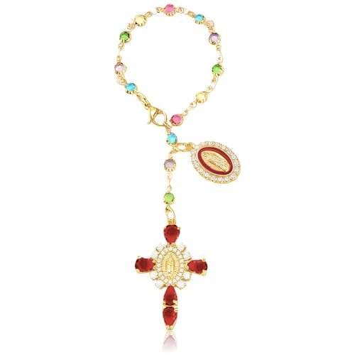 Virgen De Guadalupe Car Charm - Steering Wheel Accessory & Rearview Mirror Hanging, Cross Pendant Automotive Protection Decor - color: Gold-red