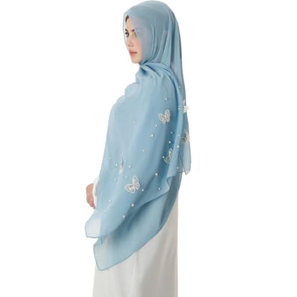 Muslim Prayer Hijab for Women Lightweight Pearl Chiffon Scarfs 3-D Butterfly Embroidery with Glitters Beads Islamic Hijab - color: Light Blue