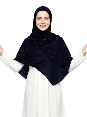 Lina & Lily Sparkle Shimmer Gold Glitter Women's Chiffon Hijab Head Scarf Shawl Wrap Lightweight - color: Navy Blue