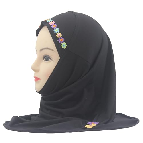 Girls Instant Hijab – Soft Kids Muslim Scarf with Flower, Breathable One-Piece Headscarf for Toddlers Age 2-8 - color: Small Flower-black