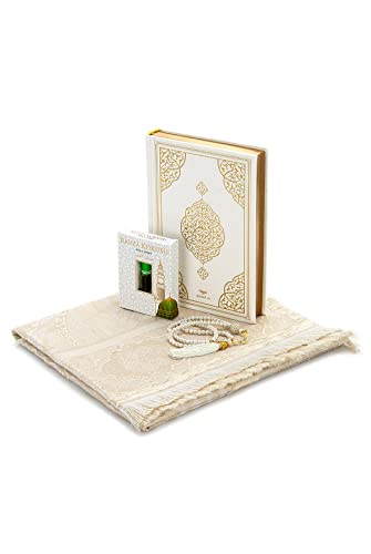 ihvan online Prayer Gift Box for Hajj and Umrah, Muslim Prayer Rug, Islamic Mat, 99 Pearly Prayer Beads Tesbih, Holy Quran, Islamic Deluxe Set for Ramadan & Eid Gift, White/Set 2 - color: White / Set 2