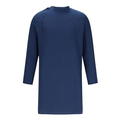 Mens Kaftan Thobe Long Sleeve Stand Collar Side Button Robe Gown Casual Loose Split Cotton Linen Muslim Shirts Top - color: Dark Blue, size: Medium
