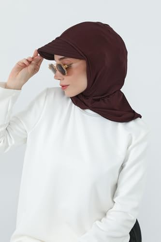 Aisha's Design Full Coverage Cotton Bonnet Hijab with Visor Modest Underscarf Bonnet - color: Brown